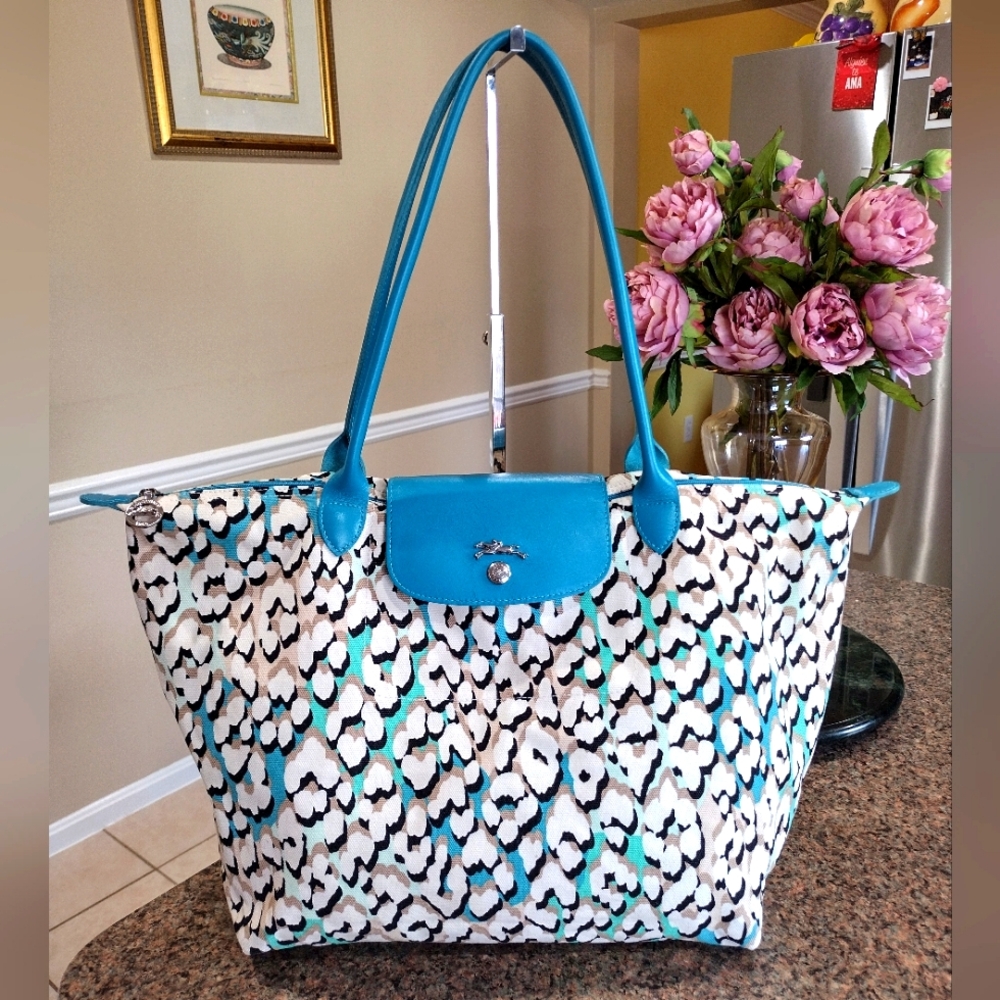 Longchamp Turquoise phanter print canvas and leather limited  edition